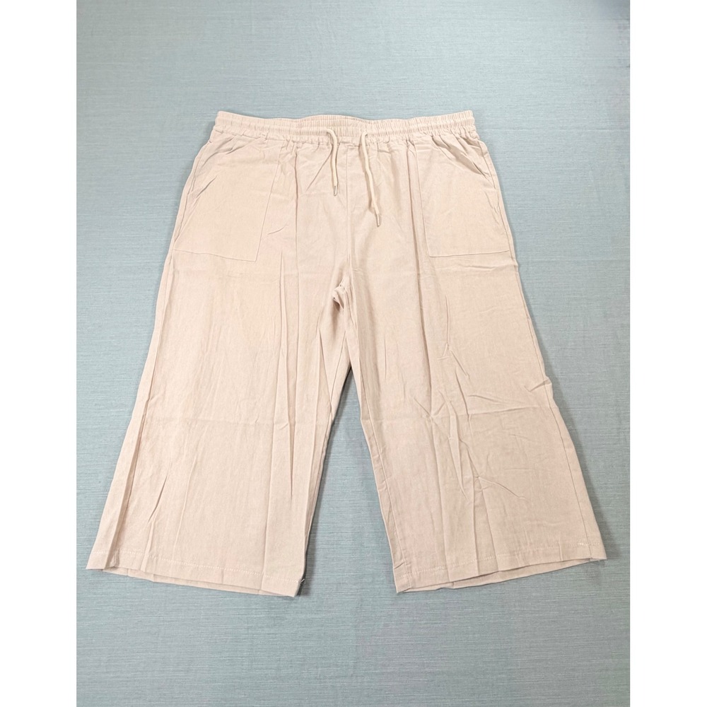 Unbranded Women Light Gray Wide Leg Cropped Linen Blend Drawstring Pants 3XL